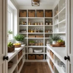 Realistic editorial photo of an American walk-in pantry showing designing pantry for guests instead of household