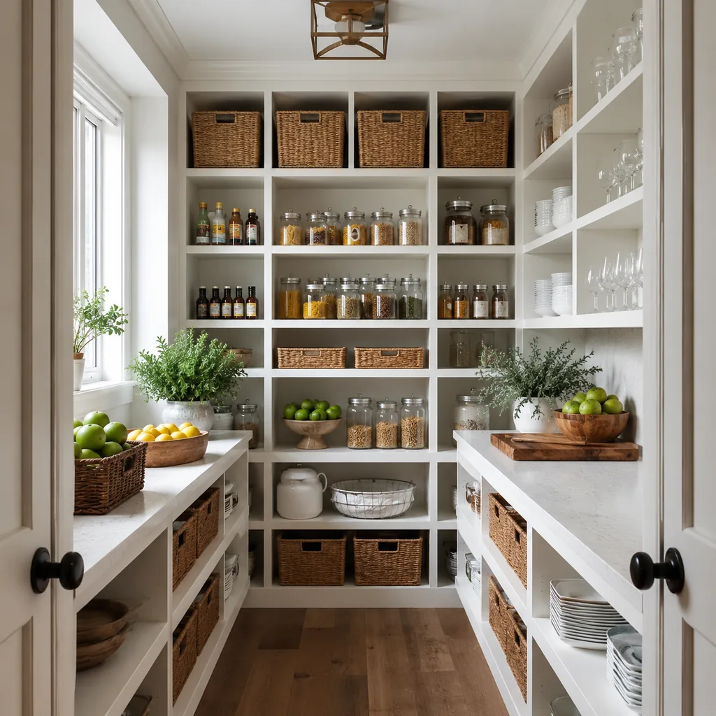 Realistic editorial photo of an American walk-in pantry showing designing pantry for guests instead of household