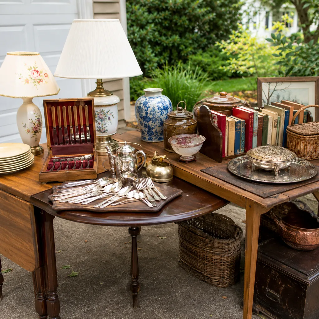 Realistic editorial photo of an estate sale table with vintage kitchenware, lamps, books, silverware, and household collectibles showing tables with real leaves