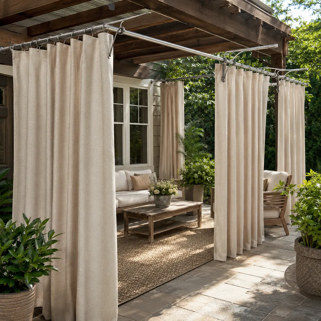 Realistic editorial photo of an outdoor patio with pergola curtains, seating, plants, fabric panels, and sunlight showing hardware that bends under the fabric