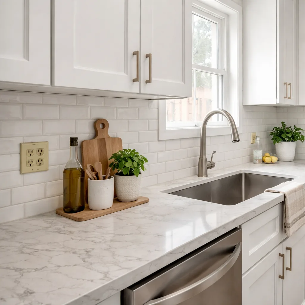 Realistic editorial photo of an updated kitchen with new counters, cabinets, backsplash, sink, hardware, and lingering dated details showing old outlets beside 