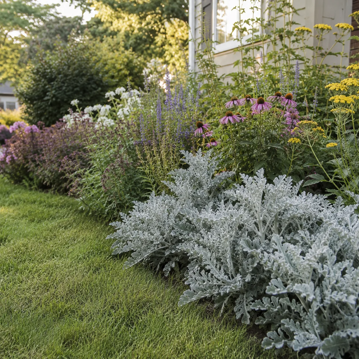Realistic editorial photo of Dusty miller growing in front yard border with deer resistant flowering plants, realistic e
