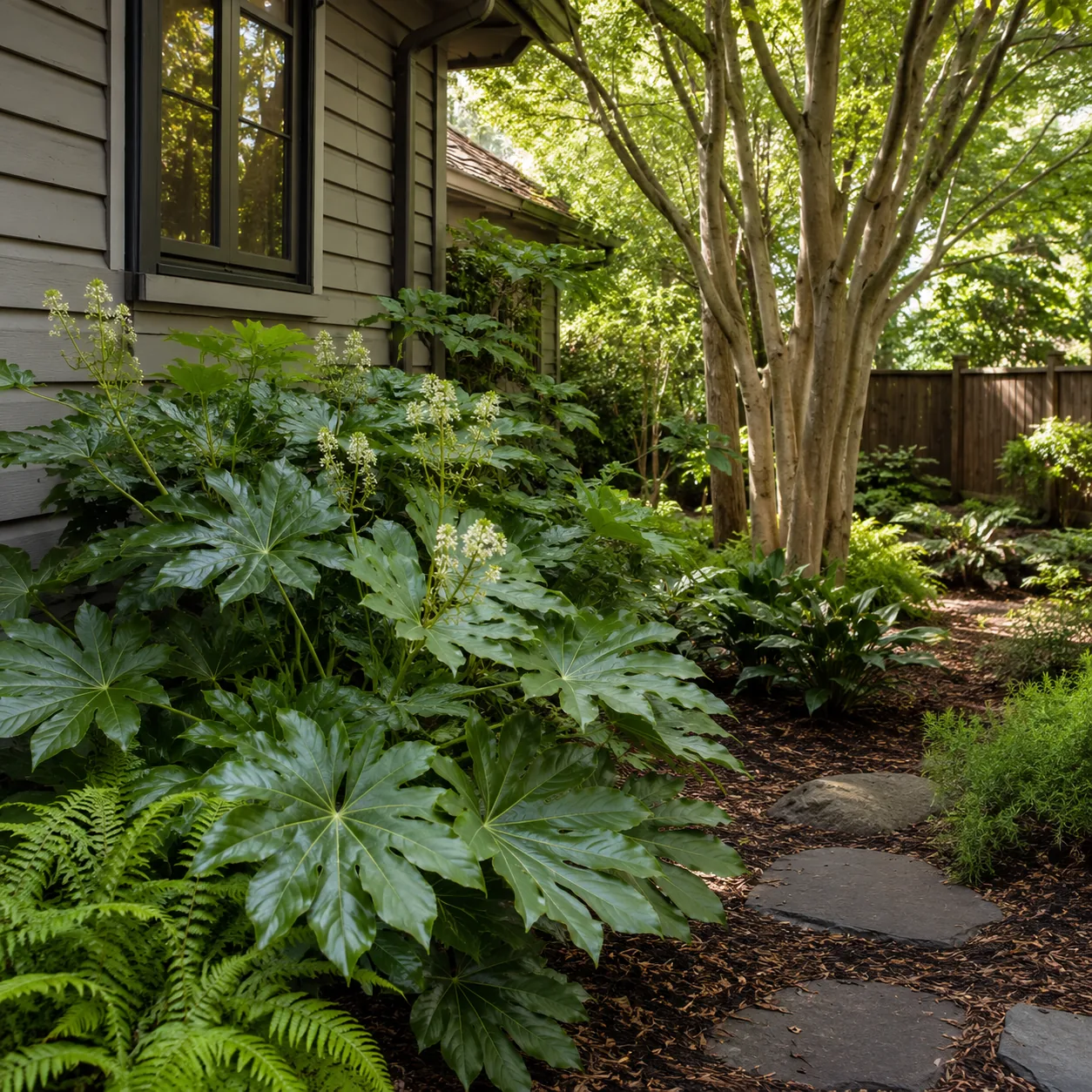 Realistic editorial photo of Fatsia in mild climates growing in dry shady side yard under mature trees planted with shad