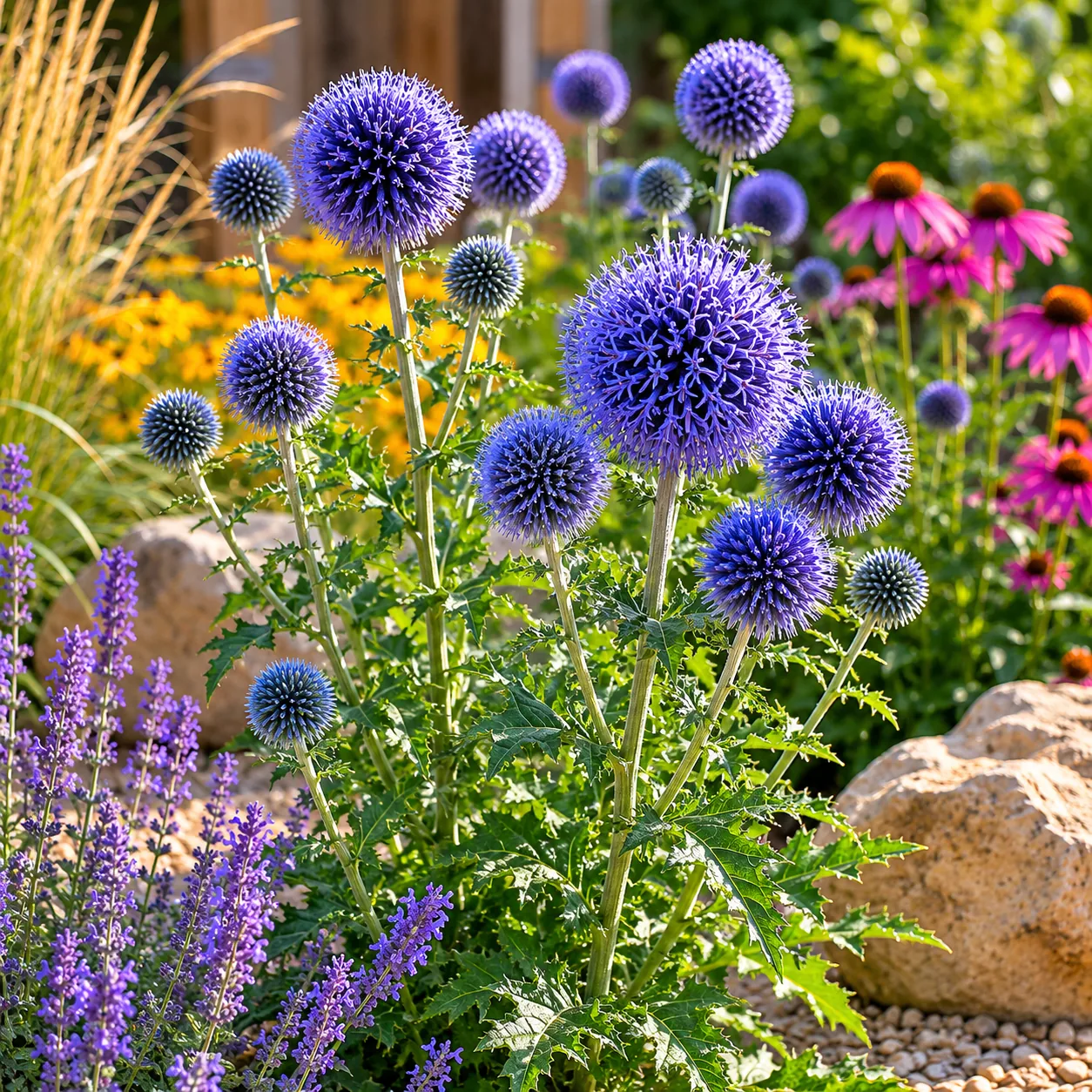 Realistic editorial photo of Globe thistle growing in sunny drought tolerant flower bed in summer heat, realistic editor