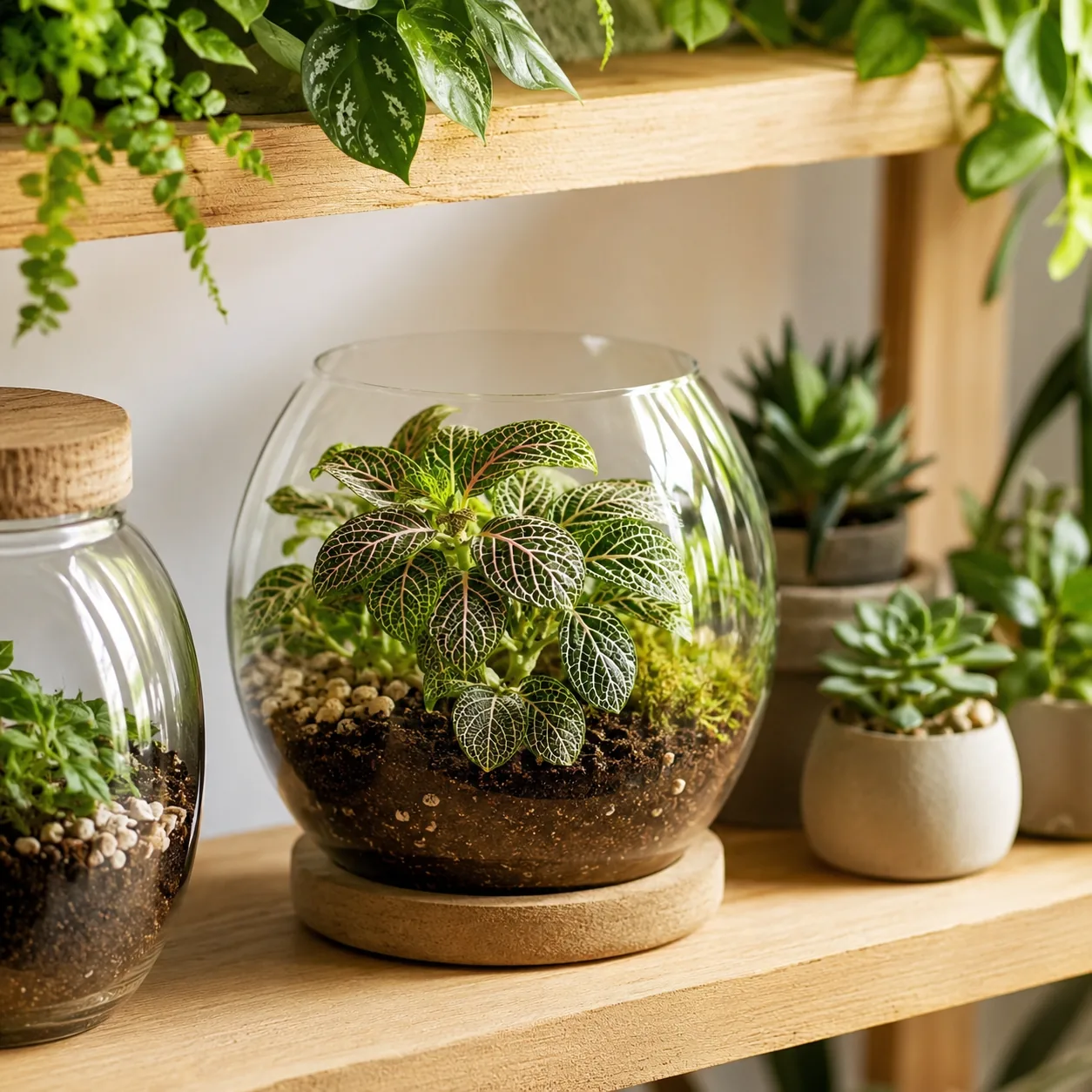 Realistic editorial photo of Nerve plant in a terrarium growing in bright indoor shelf with low maintenance houseplants,