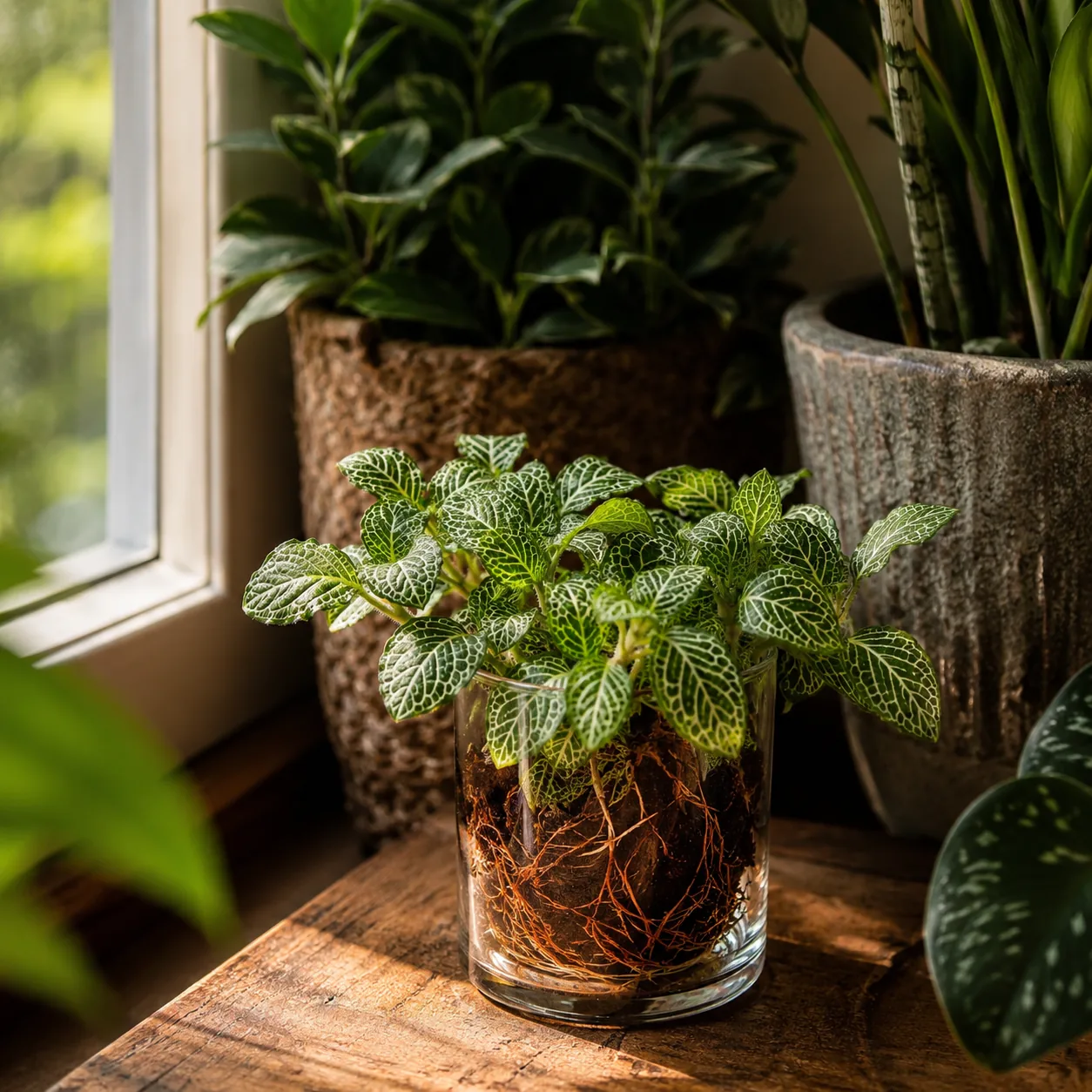 Realistic editorial photo of Nerve plant in glass growing in low light room corner with houseplants near a window, reali