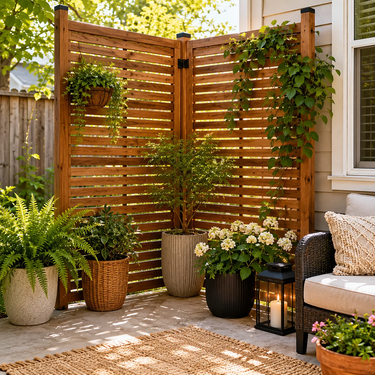 Realistic editorial photo of two-panel corner screen in an ordinary backyard needing privacy, realistic editorial photo,
