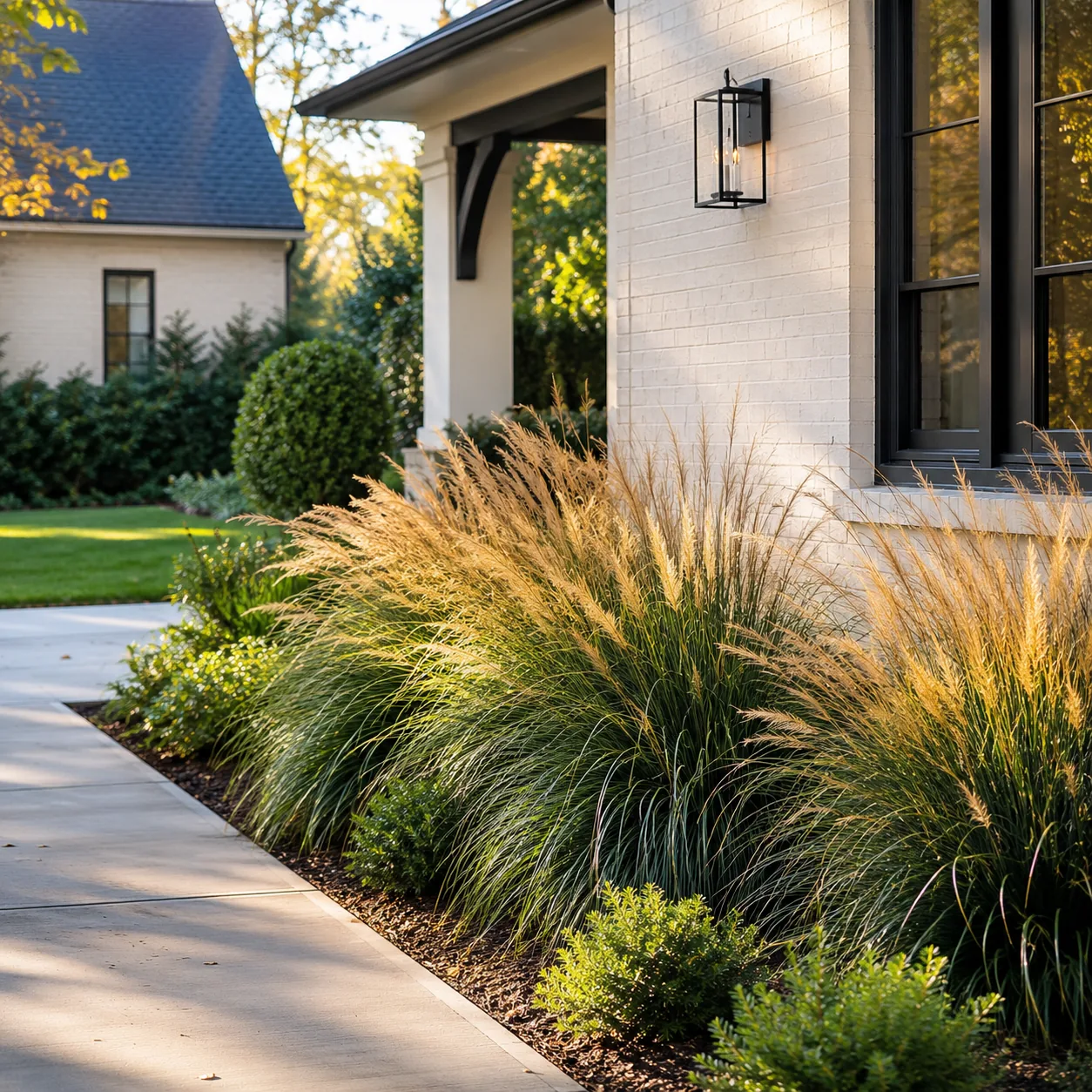 Realistic editorial photo of use massed ornamental grasses in polished suburban front yard, realistic editorial photo, n
