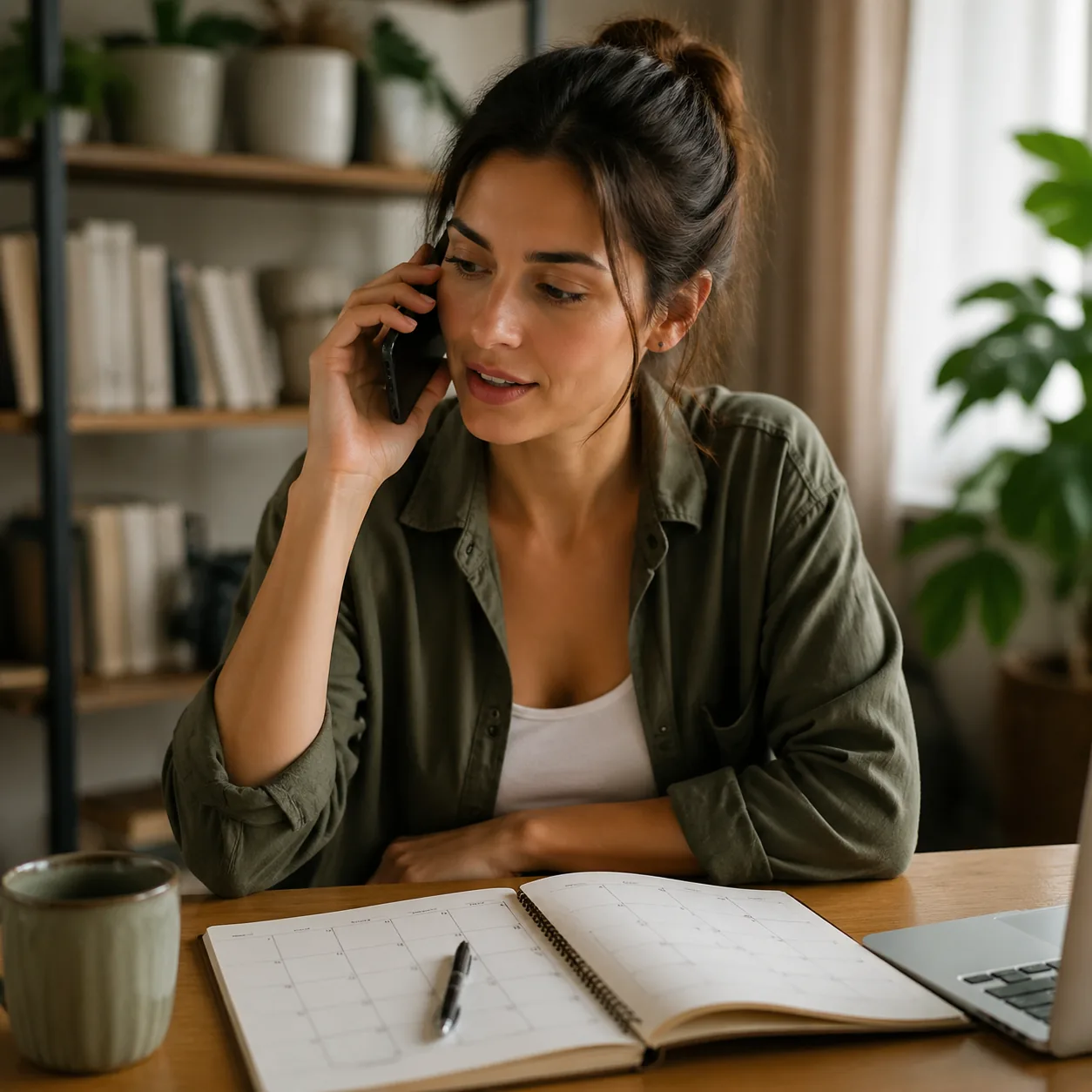 Warm editorial photo of a young woman holding a smartphone to her ear, calmly speaking with a doctor's office, calendar 