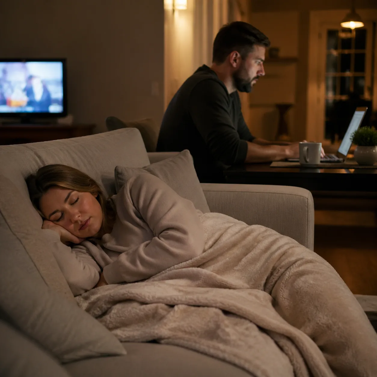 Warm lifestyle photo of a wife napping peacefully on the couch with the TV still on while the husband works at a laptop 