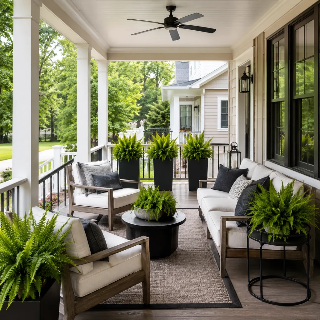 Realistic editorial photo of a covered porch with chairs, ceiling fan, plants, side tables, rug, and outdoor living details showing plants repeated instead of s