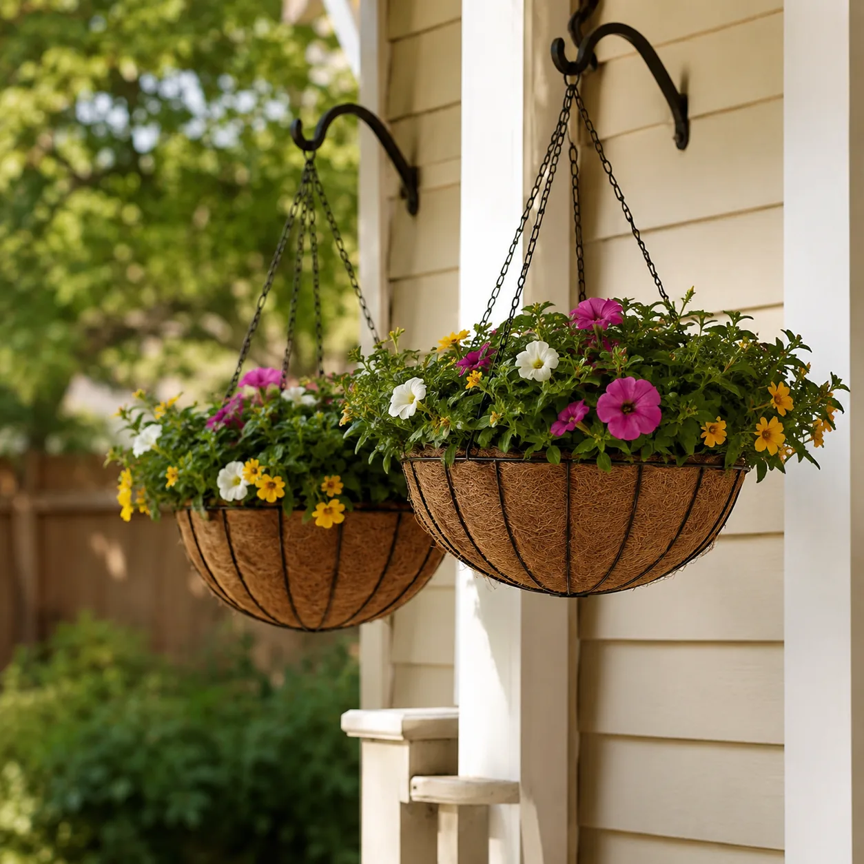 Realistic editorial photo of a hanging basket pair in budget backyard weekend upgrade, realistic editorial photo, natura