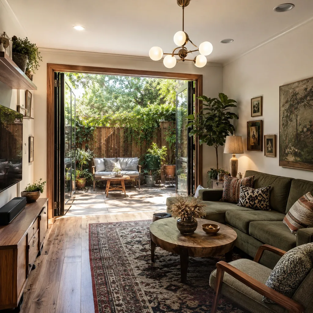 Realistic editorial photo of a home interior with vintage decor, modern furniture, warm wood, patterned accents, and layered lighting showing small patio with o
