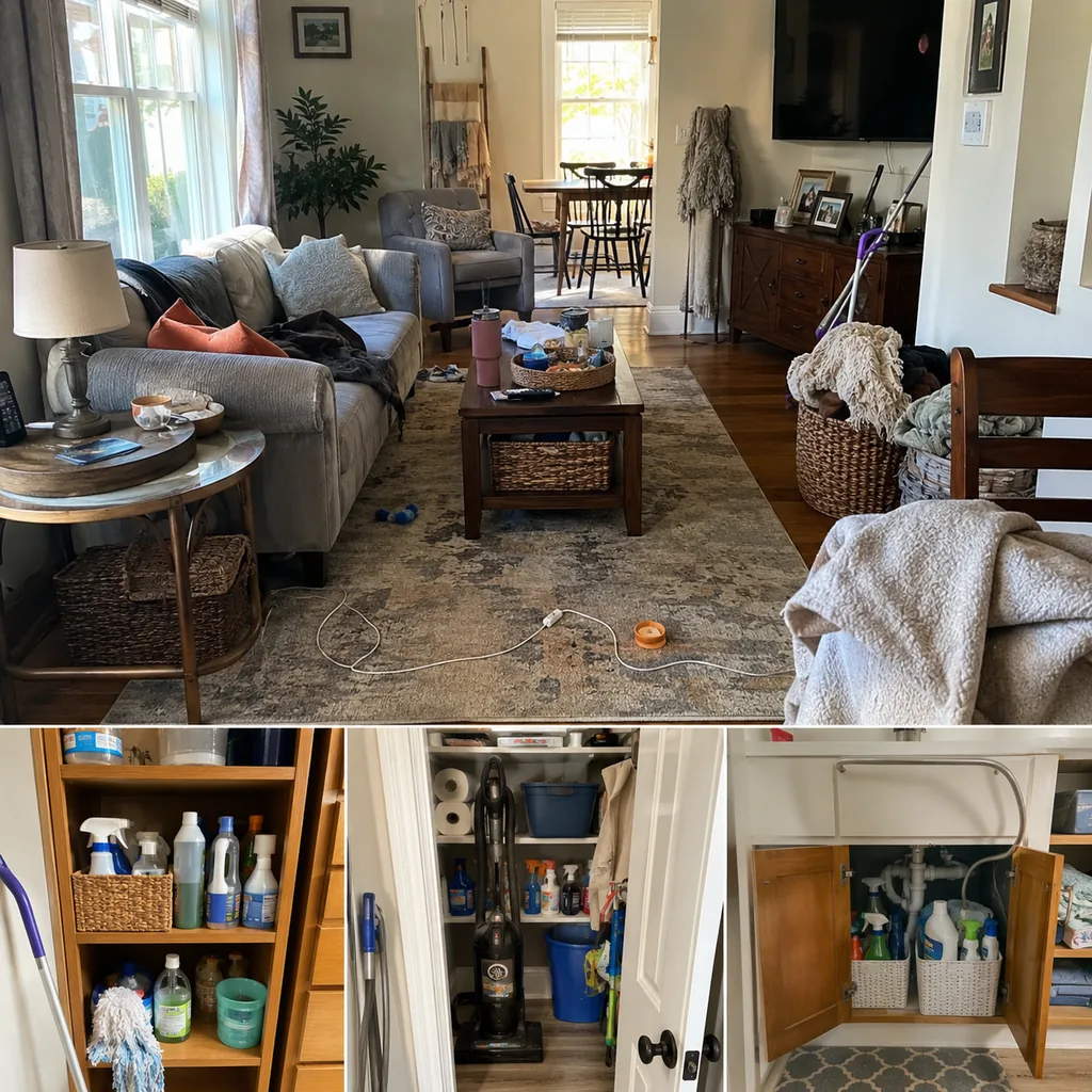 Realistic editorial photo of a living room with crowded surfaces, extra chairs, baskets, blankets, cords, and storage furniture showing cleaning supplies stored