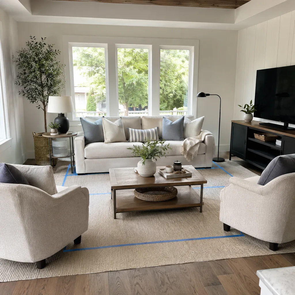 Realistic editorial photo of a living room with sofa, chairs, rug, TV, windows, and taped layout marks showing pillows edited to a simple palette