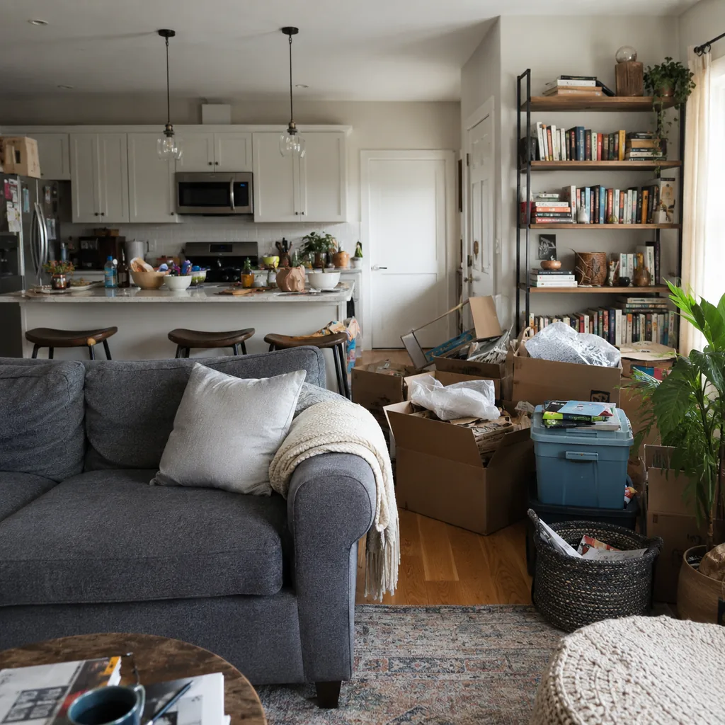 Realistic editorial photo of a realistic cluttered living room and kitchen area with boxes, counters, shelves, and organizing bins showing books kept only becau