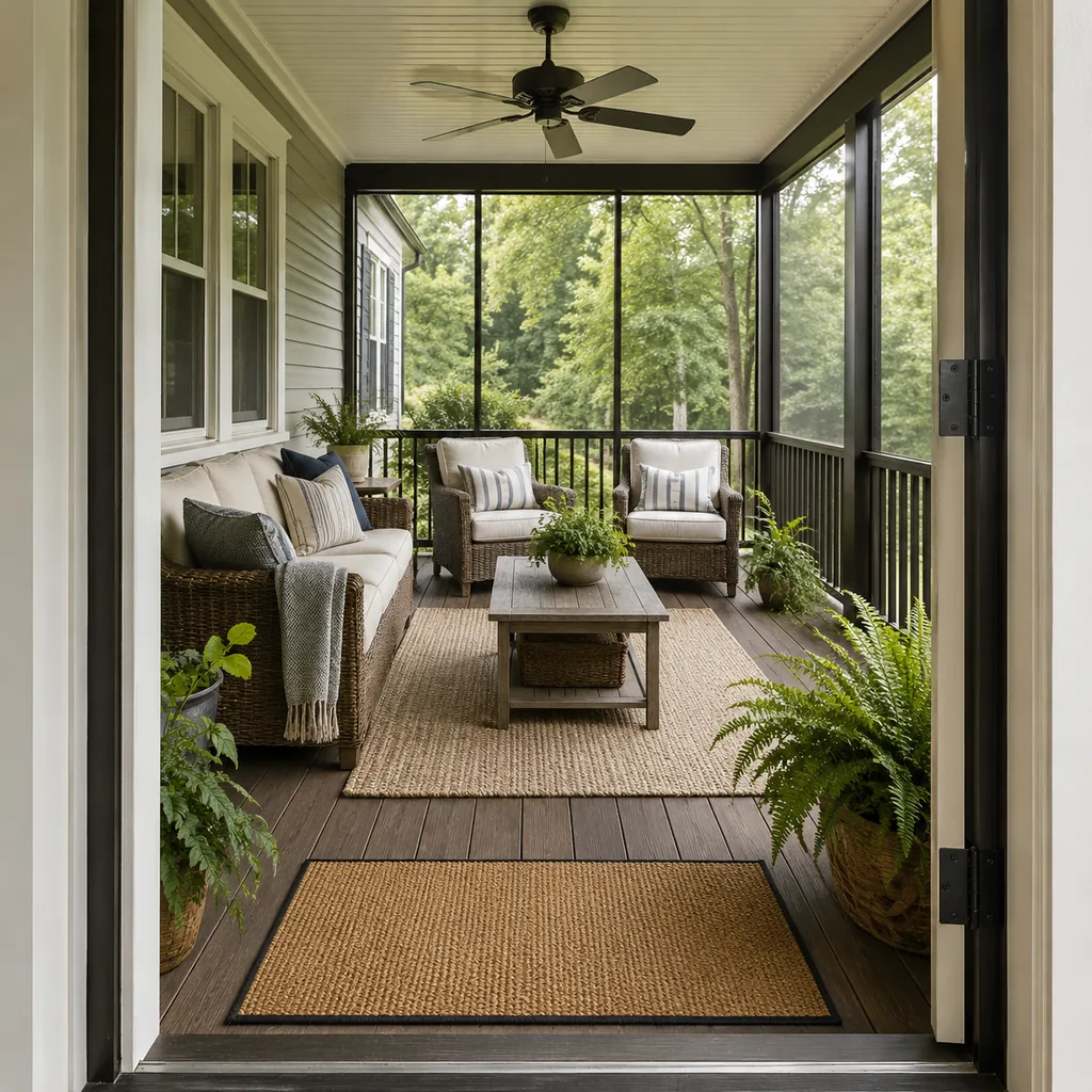 Realistic editorial photo of a screened porch with sofa, chairs, rug, plants, ceiling fan, screens, and soft daylight showing doormat scaled to the entry