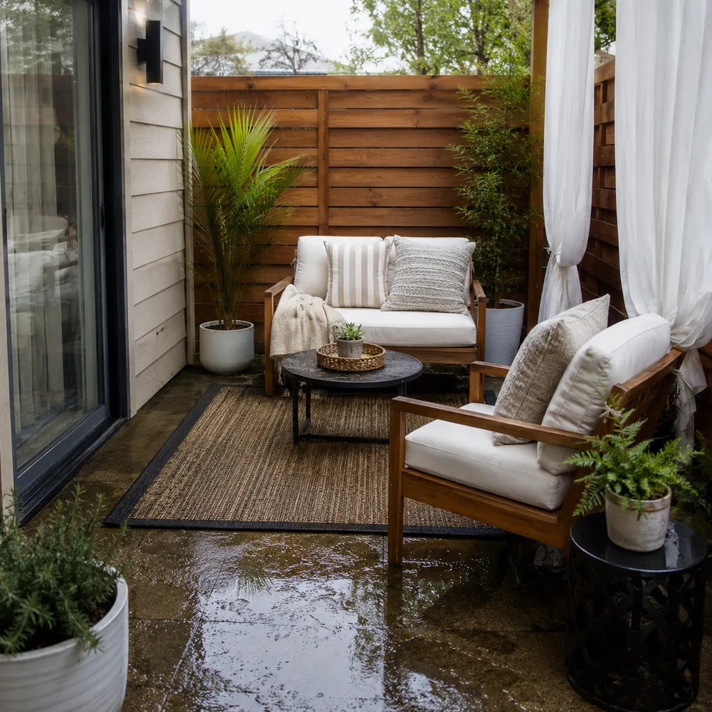 Realistic editorial photo of a small patio with compact seating, outdoor rug, plants, side table, curtains, and privacy screen showing patio surface that gets s