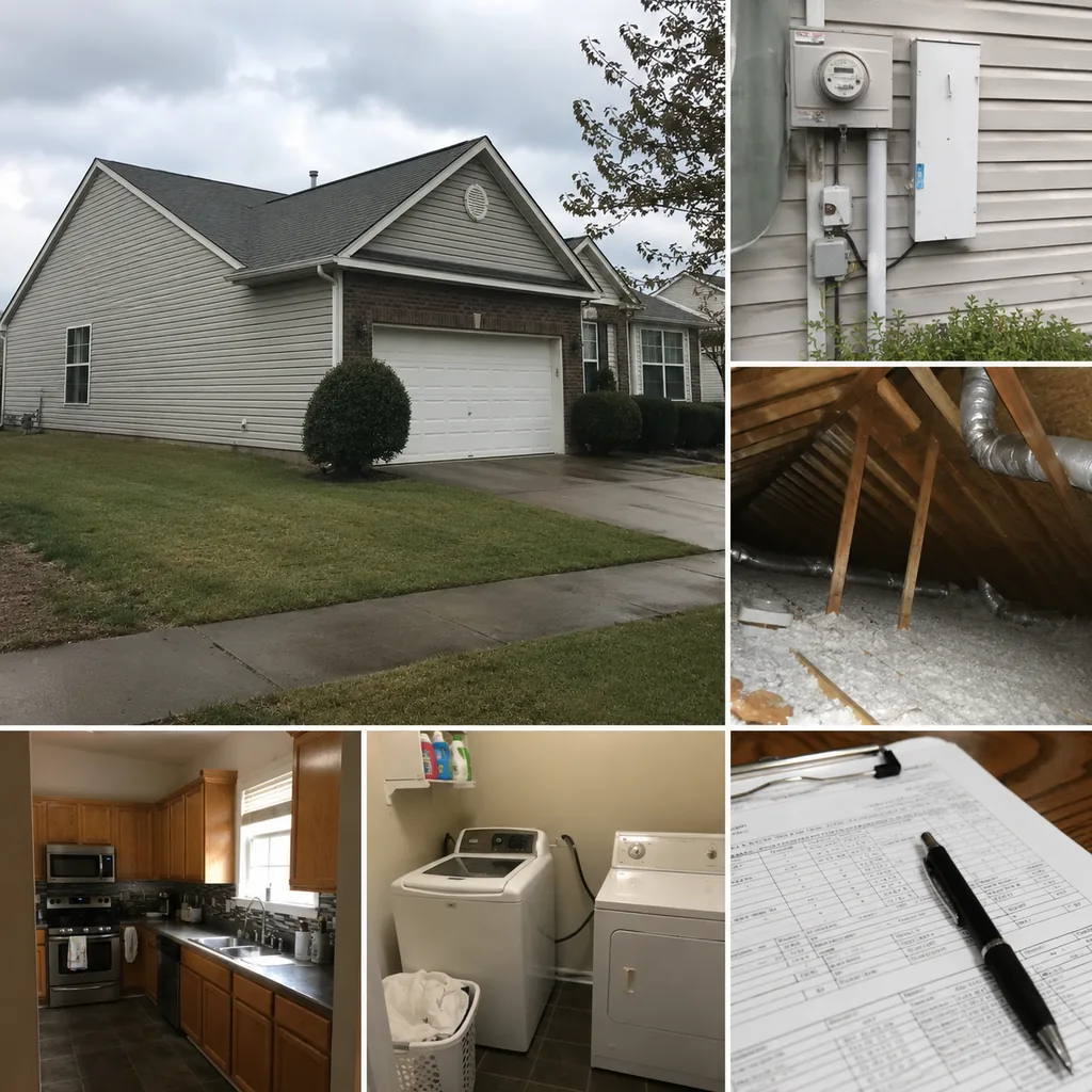 Realistic editorial photo of a suburban American home with appraisal paperwork, exterior details, utilities, and interior repair clues showing laundry area with