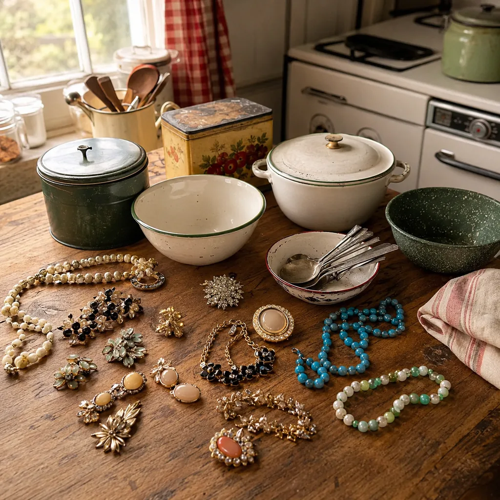 Realistic editorial photo of a vintage kitchen table with bowls, enamel cookware, utensils, tins, and warm window light showing costume jewelry with signed clas
