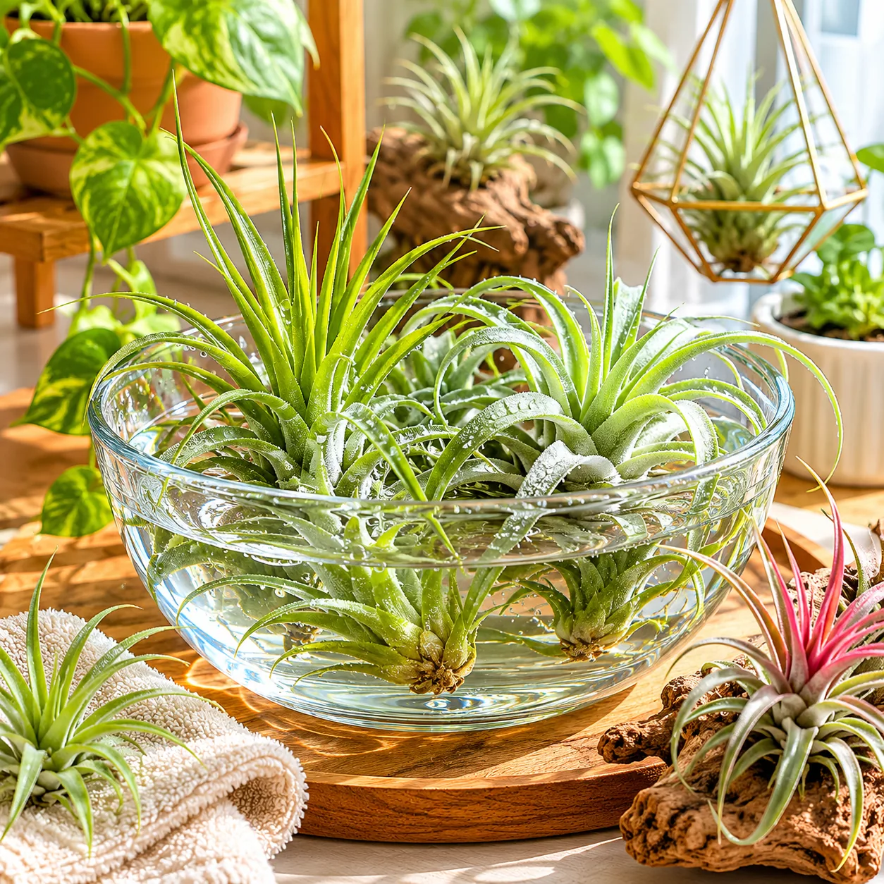 Realistic editorial photo of Air plant with soaking growing in bright indoor shelf with low maintenance houseplants, rea