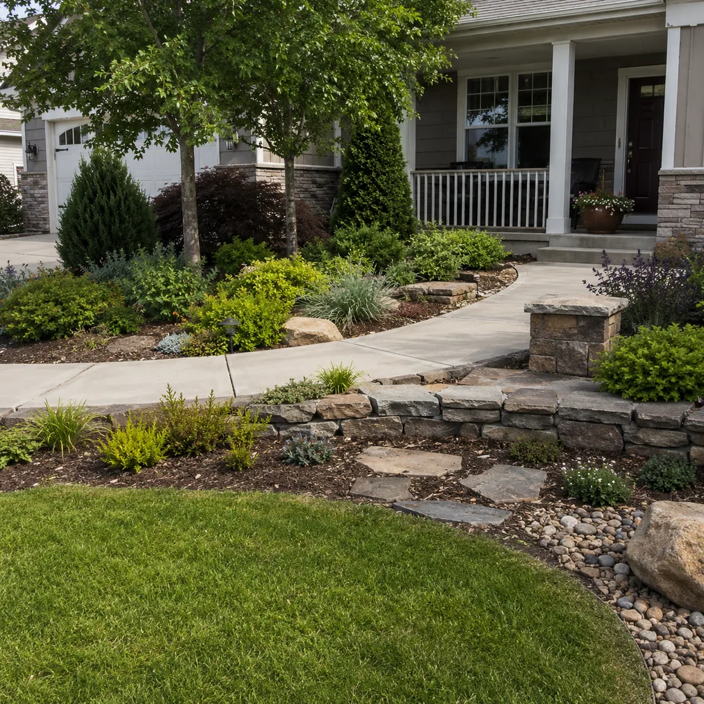 Realistic editorial photo of an American front yard with lawn, shrubs, walkway, mulch beds, trees, and a front porch showing too many materials in one small yar
