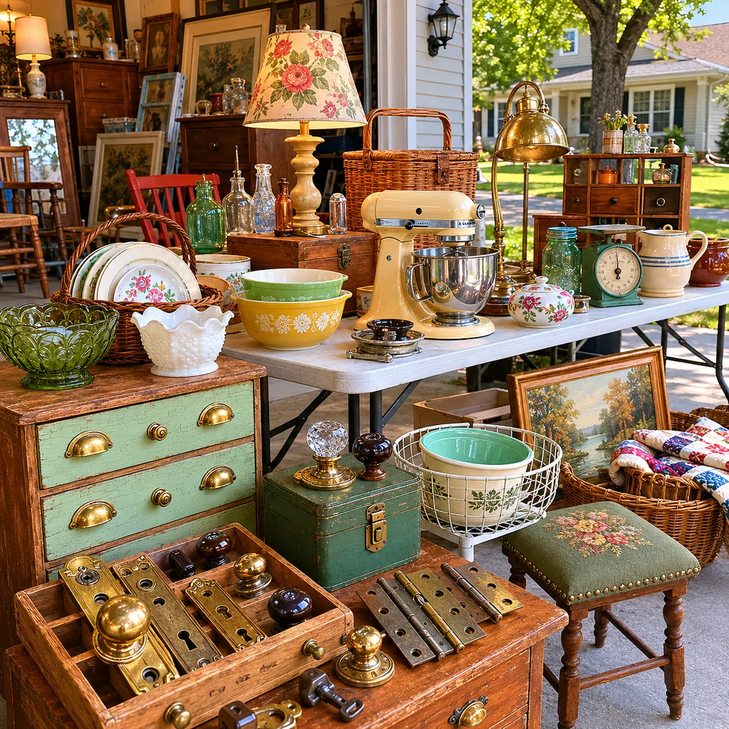 Realistic editorial photo of an American garage sale with folding tables, boxes, old kitchen items, furniture, and collectibles showing original brass or bakeli