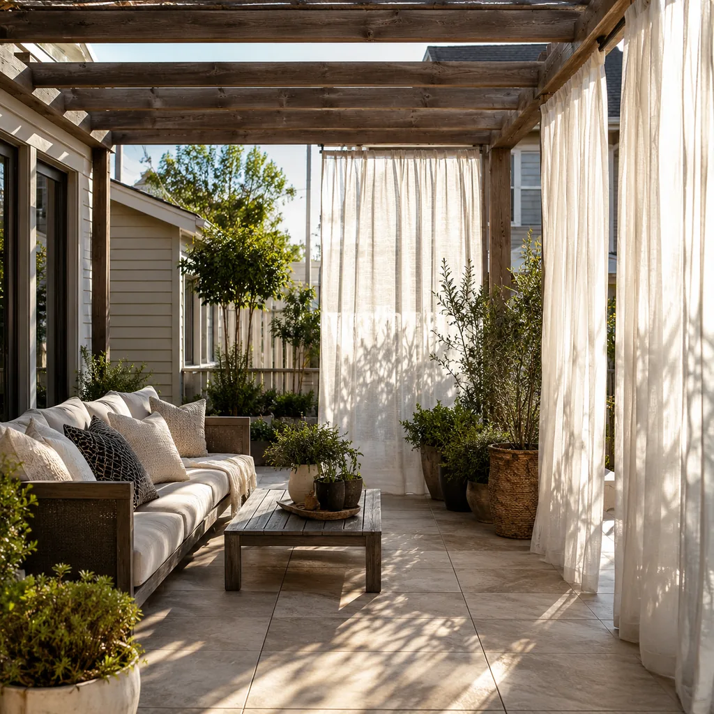 Realistic editorial photo of an outdoor patio with pergola curtains, seating, plants, fabric panels, and sunlight showing sheers used where privacy is needed