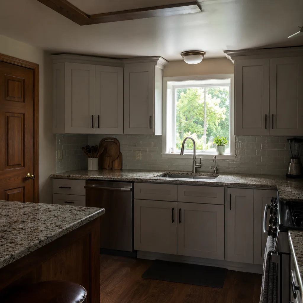 Realistic editorial photo of an updated kitchen with new counters, cabinets, backsplash, sink, hardware, and lingering dated details showing lighting that leave