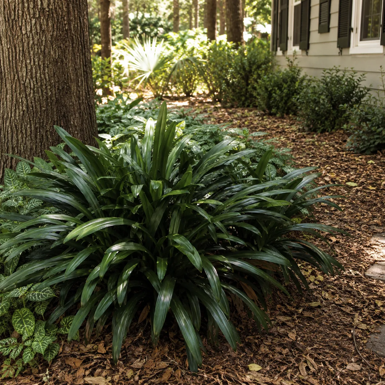 Realistic editorial photo of Cast iron plant outdoors in warm zones growing in dry shady side yard under mature trees pl