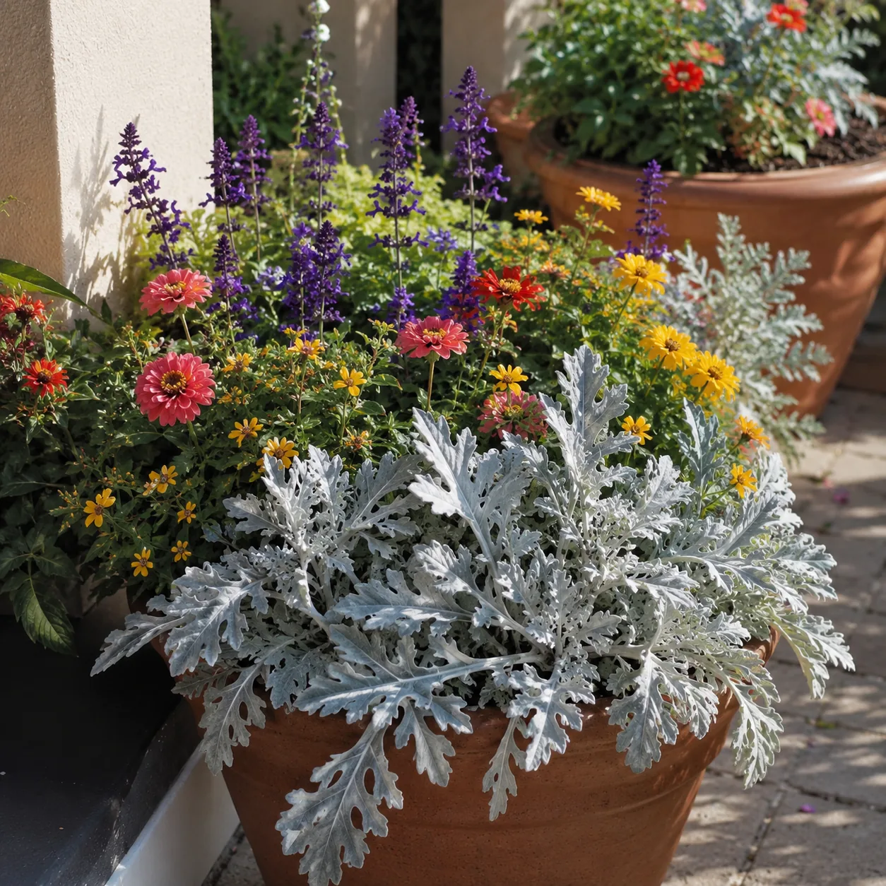 Realistic editorial photo of Dusty miller growing in sunny patio containers with heat tolerant flowering plants, realist