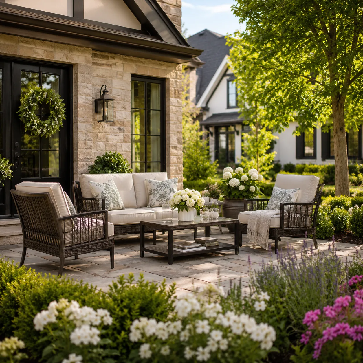 Realistic editorial photo of keep patio furniture cohesive in polished suburban front yard, realistic editorial photo, n