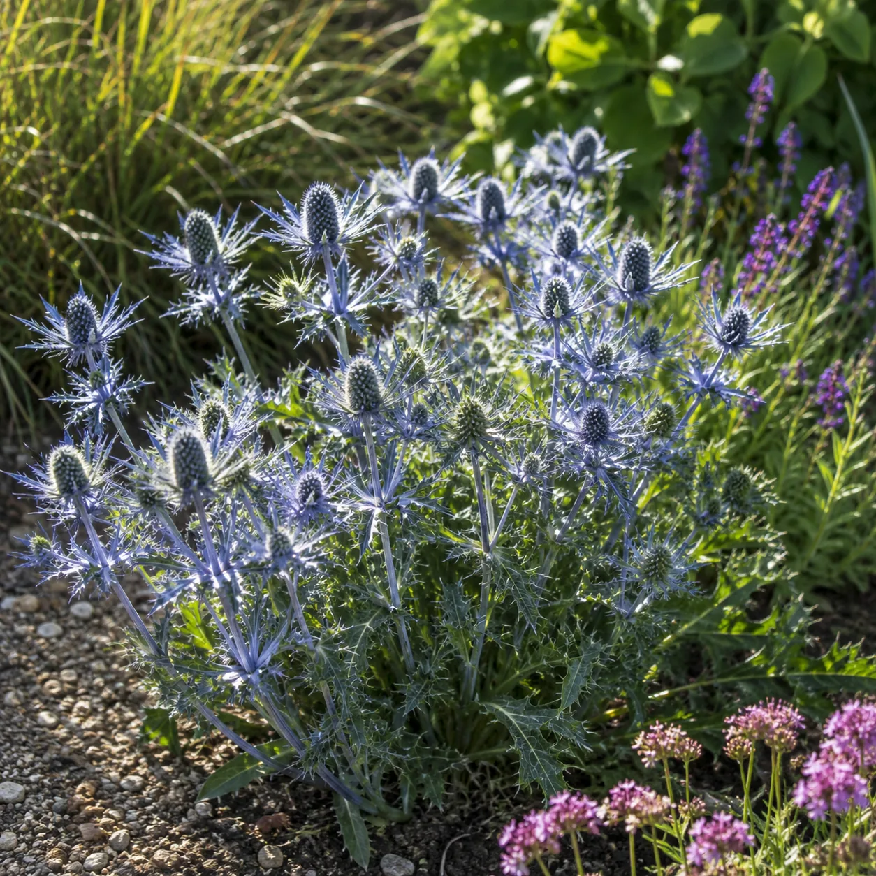 Realistic editorial photo of Sea holly growing in sunny drought tolerant flower bed in summer heat, realistic editorial 