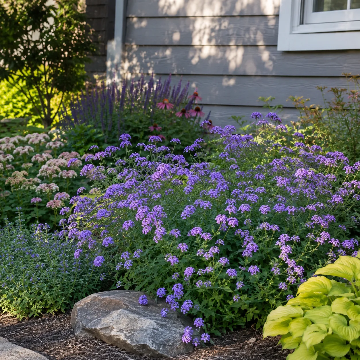 Realistic editorial photo of Verbena growing in front yard border with deer resistant flowering plants, realistic editor