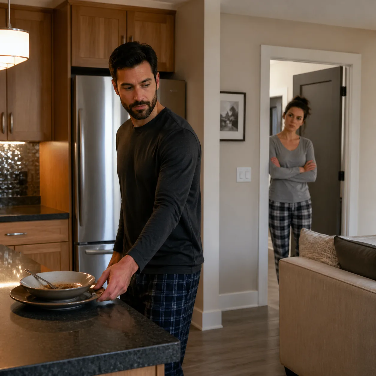 Realistic lifestyle photo of a husband leaving plates on the kitchen counter while heading toward the couch, wife watchi