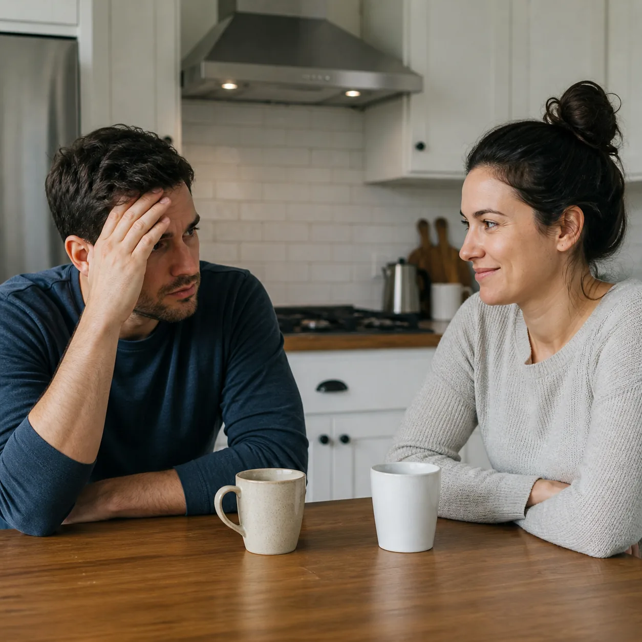 Realistic lifestyle photo of a husband looking concerned across a kitchen table while his wife smiles calmly