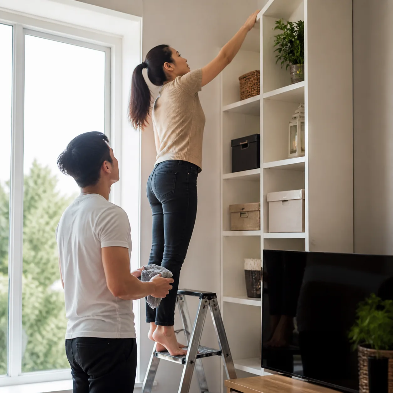 Realistic photo of a wife inspecting a high shelf for dust with bright window light while husband stands below holding a
