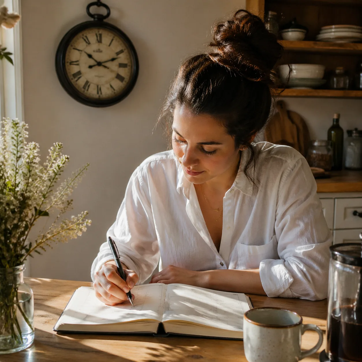 Warm editorial photo of a young woman writing in a paper day planner at a sunny kitchen table, vintage clock on the wall