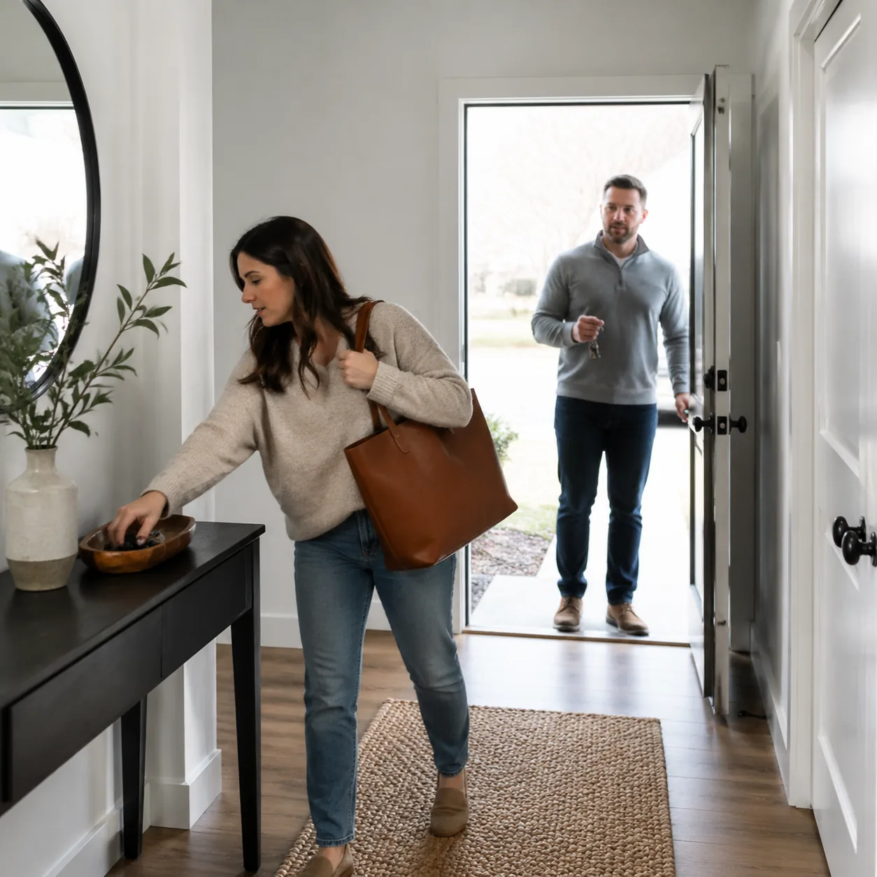 Funny realistic photo of a wife grabbing one more item from a hallway table while husband waits at open front door with 