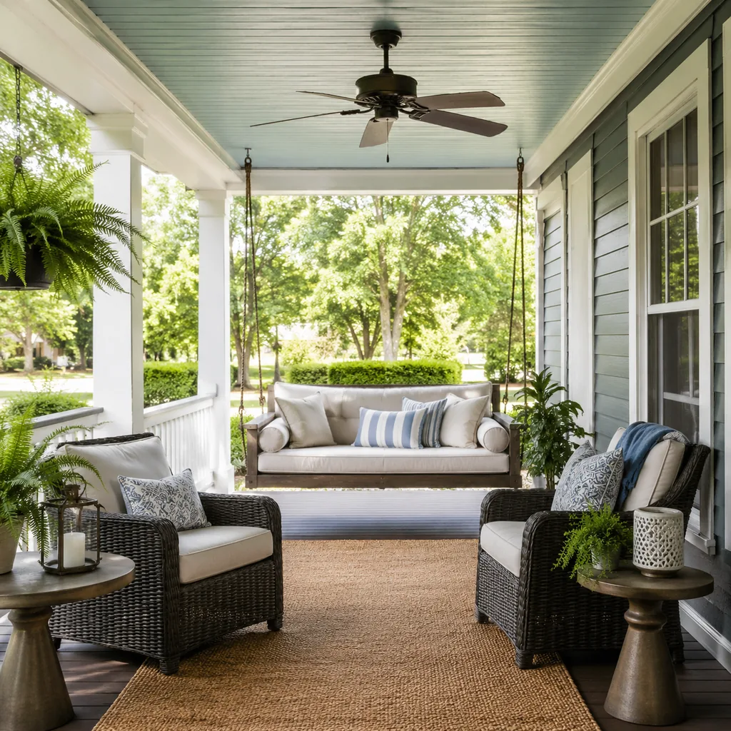 Realistic editorial photo of a covered porch with chairs, ceiling fan, plants, side tables, rug, and outdoor living details showing porch swing with enough clea