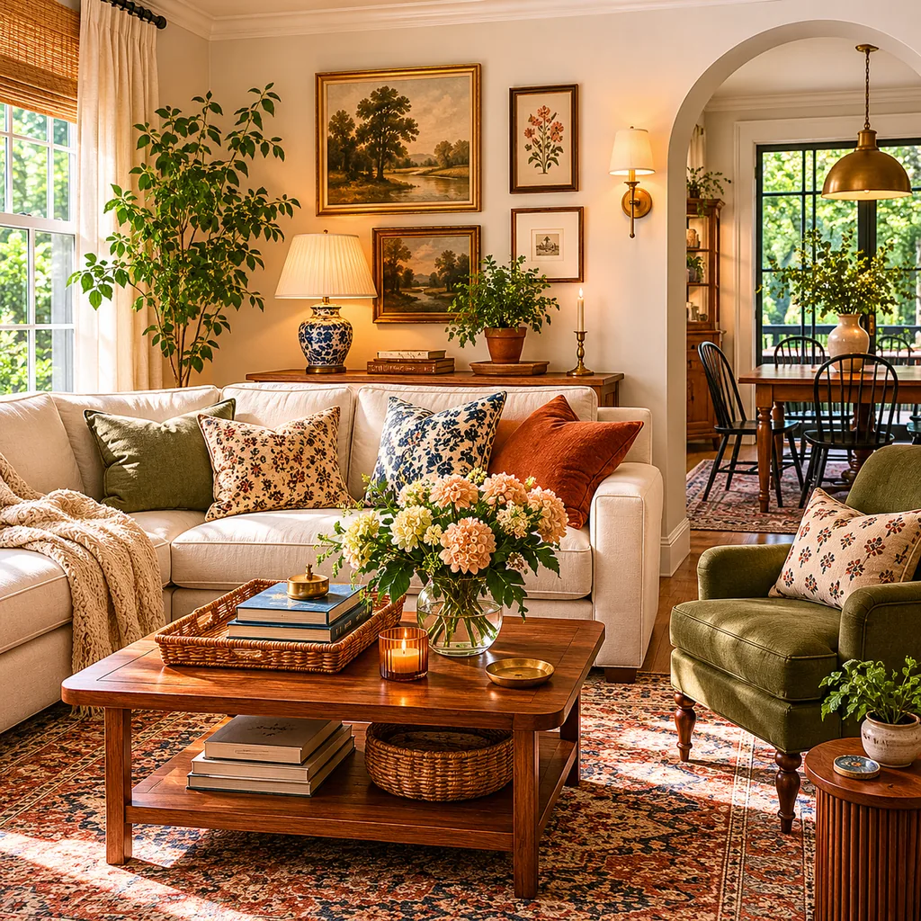Realistic editorial photo of a home interior with vintage decor, modern furniture, warm wood, patterned accents, and layered lighting showing layered neutrals w