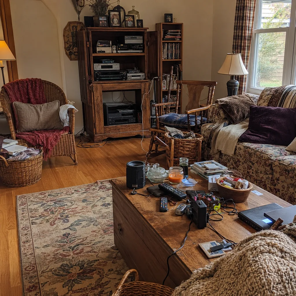 Realistic editorial photo of a living room with crowded surfaces, extra chairs, baskets, blankets, cords, and storage furniture showing old electronics and cord