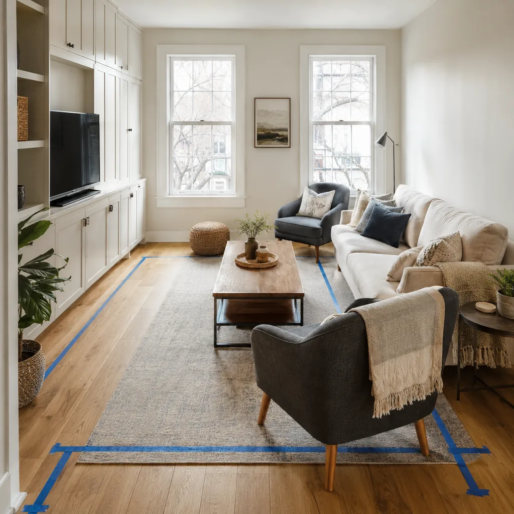 Realistic editorial photo of a living room with sofa, chairs, rug, TV, windows, and taped layout marks showing small room with tall storage
