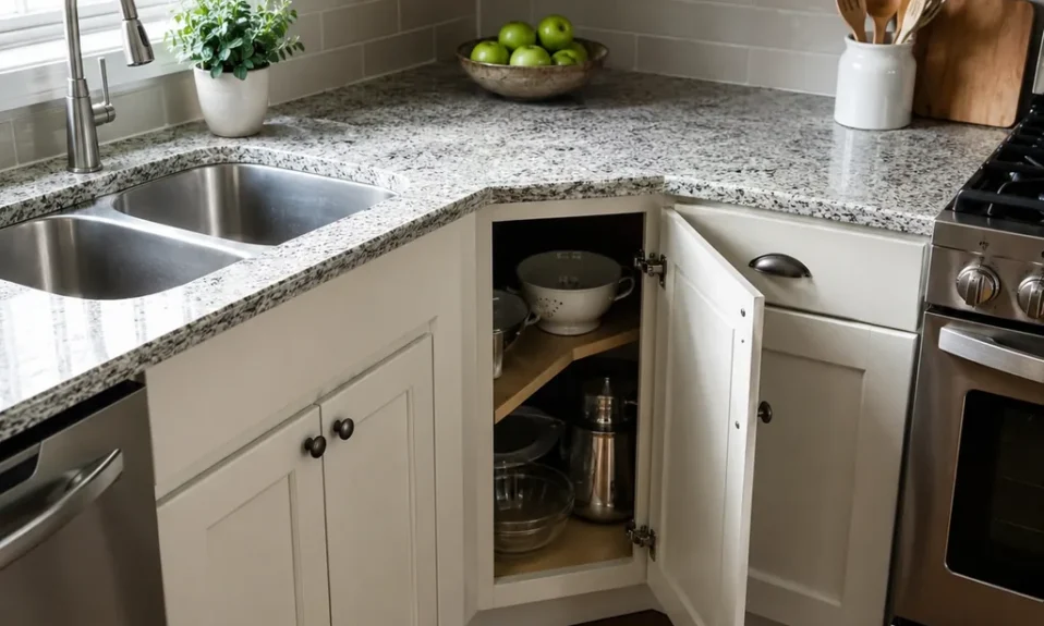 Realistic editorial photo of a realistic American kitchen with sink, cabinets, appliances, counters, and inspection details showing blind corner that wastes sto