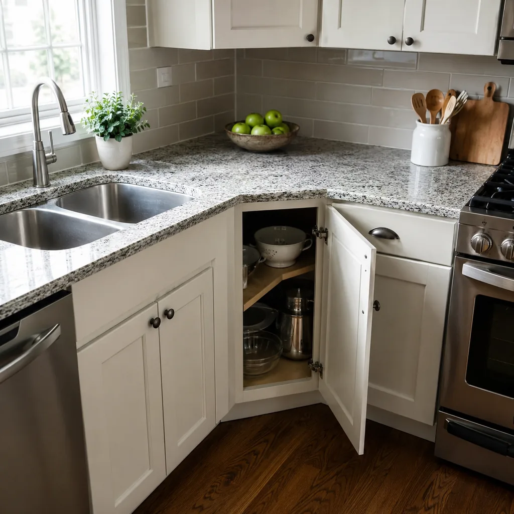 Realistic editorial photo of a realistic American kitchen with sink, cabinets, appliances, counters, and inspection details showing blind corner that wastes sto