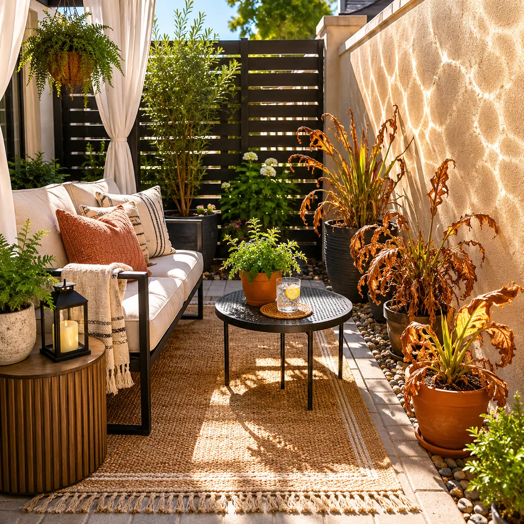 Realistic editorial photo of a small patio with compact seating, outdoor rug, plants, side table, curtains, and privacy screen showing plants that fry in reflec