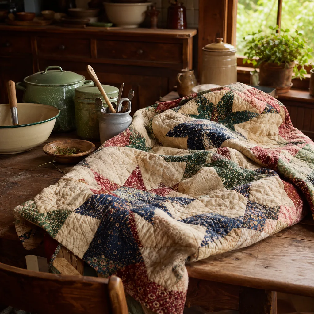 Realistic editorial photo of a vintage kitchen table with bowls, enamel cookware, utensils, tins, and warm window light showing quilts with careful hand stitchi
