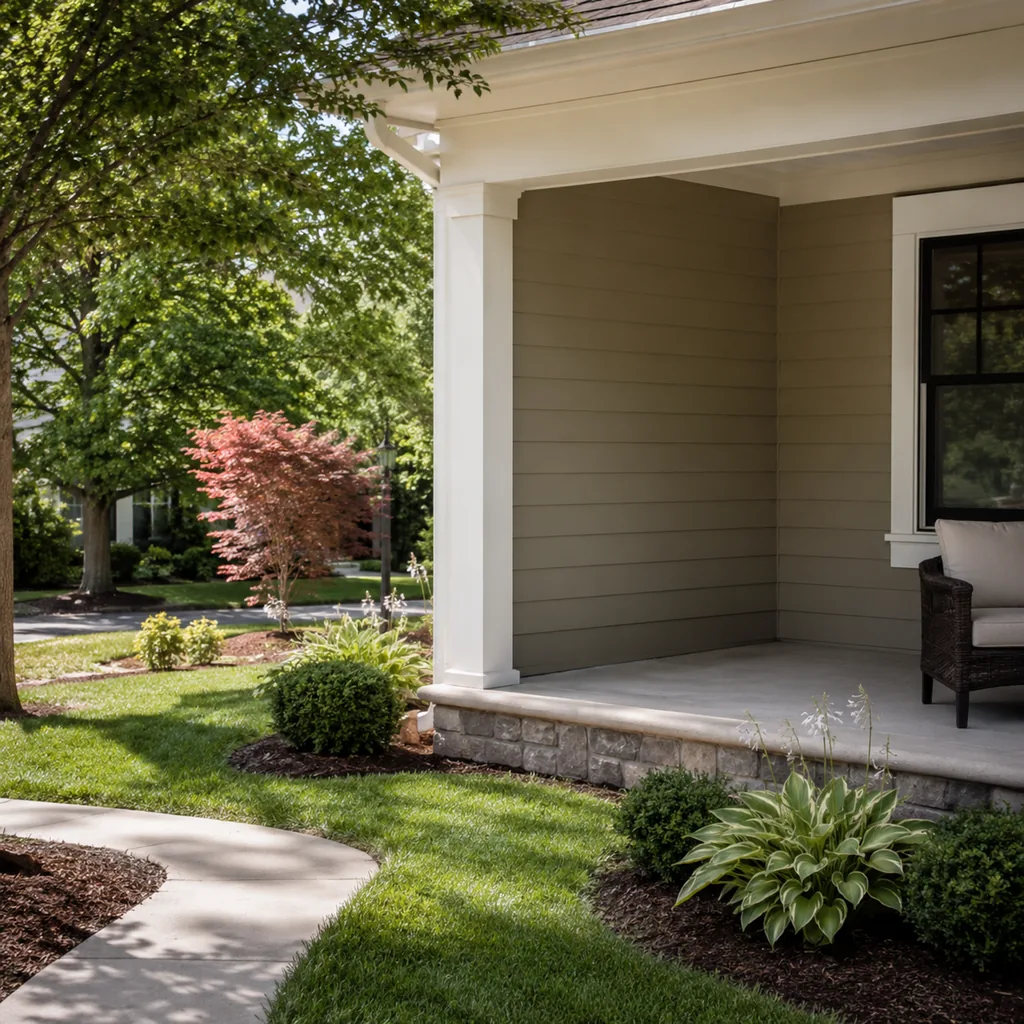 Realistic editorial photo of an American front yard with lawn, shrubs, walkway, mulch beds, trees, and a front porch showing bare corner that needs a purpose