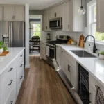 Realistic editorial photo of an updated kitchen with new counters, cabinets, backsplash, sink, hardware, and lingering dated details showing dishwasher door blo