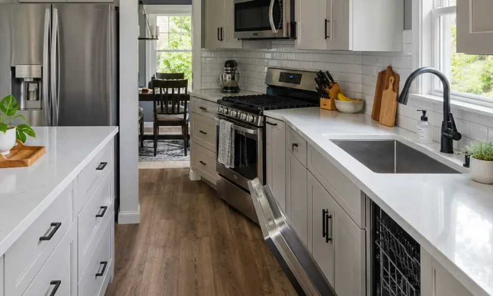 Realistic editorial photo of an updated kitchen with new counters, cabinets, backsplash, sink, hardware, and lingering dated details showing dishwasher door blo